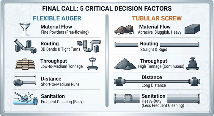 A professional industrial infographic comparing Flexible Auger Conveyors and Tubular Screw Conveyors across five factors: Material Flow, Routing, Throughput, Distance, and Sanitation. The decision matrix shows a blue scheme for Flexible Augers (fine powders, 3D bends) and an orange scheme for Tubular Screws (heavy materials, straight, high output)