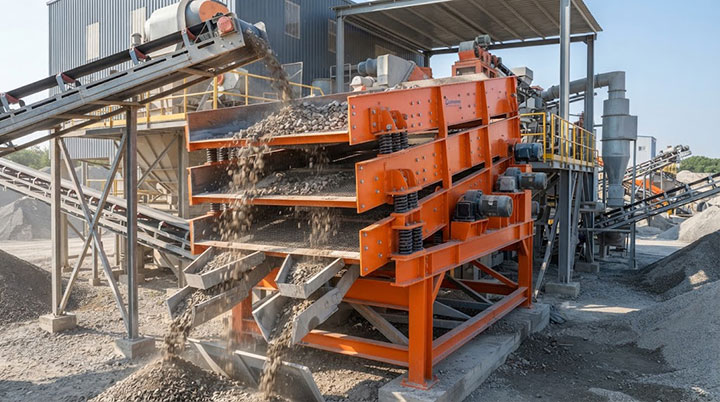Heavy Duty Triple Deck Vibrating Screen Operating in Modern Aggregate Processing Plant for Crushing and Sorting