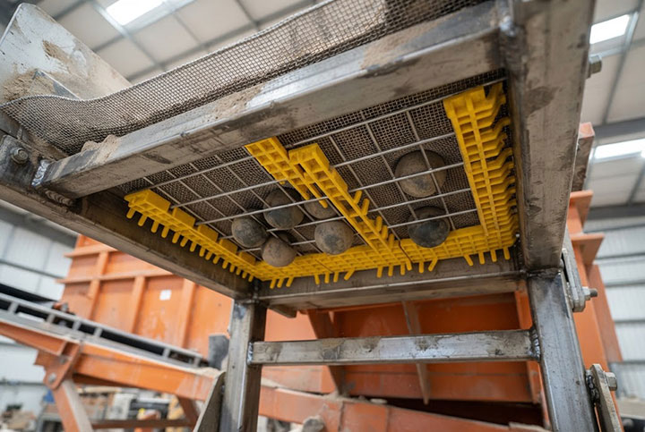 Underside View of Industrial Vibrating Screen Fine Mesh with Anti-Blinding Aids: Polyurethane Mats and Rubber Bouncing Balls