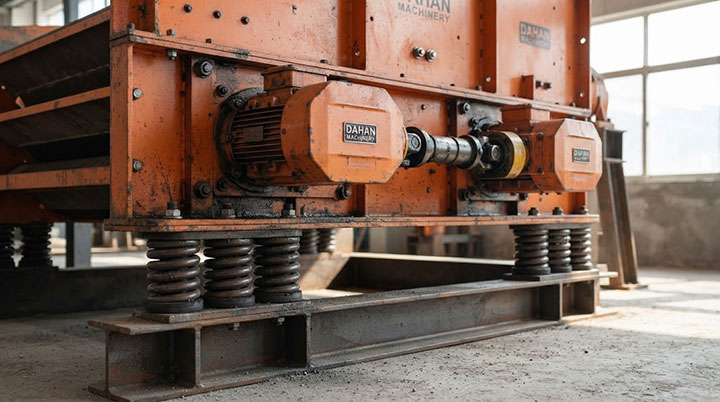 Side View of Dahan Triple Deck Vibrating Screen Heavy Duty Drive Mechanism with Dual Exciters and Coil Spring Vibration Isolators