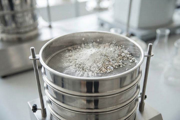 Close-up view of fine chemical powder and aggregate granules being actively agitated and separated on the wire mesh of a Dahan laboratory test sieve shaker.