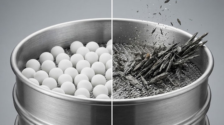 Split-screen close-up of a Dahan laboratory sieve shaker showing spherical ceramic beads (left) passing through the mesh easily versus elongated and flaky aggregate particles (right) causing blinding on the standard wire mesh.