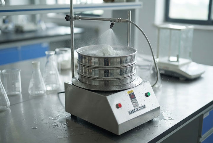 An operating Dahan stainless steel laboratory sieve shaker on a lab bench, with a dedicated wet sieving attachment and spray nozzle actively washing a clumped white powder sample.