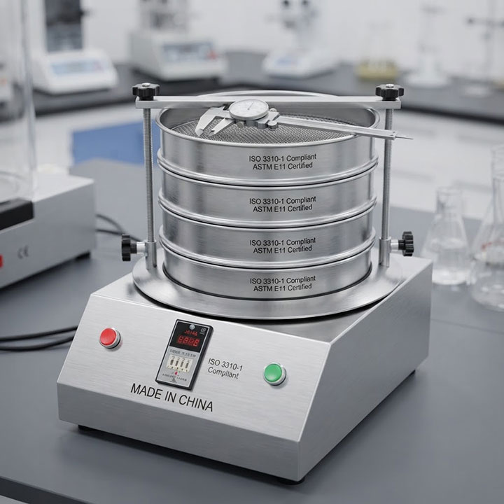 Close-up of a Dahan stainless steel laboratory sieve shaker displaying laser-etched 'ISO 3310-1 Compliant' and 'ASTM E11 Certified' markings on its base and top sieve, with a calibration caliper resting nearby on the mesh.