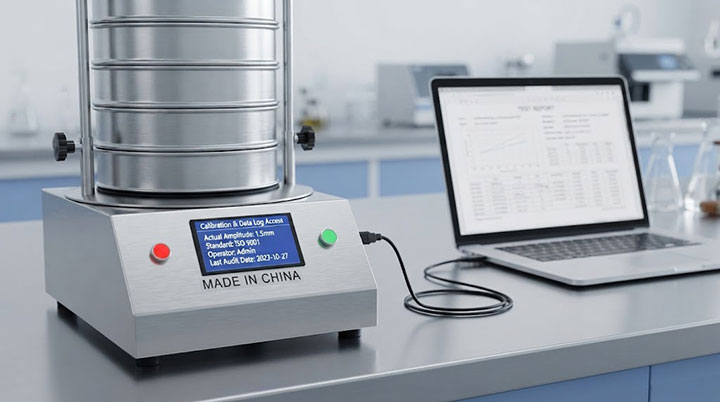 A detailed view of the advanced digital control panel on a Dahan laboratory sieve shaker, showing 'Calibration & Data Log Access' menu with ISO 9001 parameters, connected via USB to a laptop displaying an automated test report.