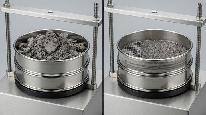Split-screen macro photograph of a Dahan laboratory sieve shaker showing incomplete stratification and mesh blinding with grey aggregate (left) versus complete stratification and a clean mesh after stabilized sieving (right).