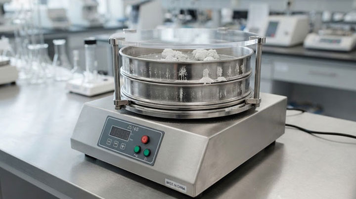 Close-up view of a Dahan laboratory sieve shaker's top sieve stack, where fine hydroscopic powder has formed dense clumps stuck to the mesh, and fine particles are electrostatically clinging to the vertical stainless steel inner walls.