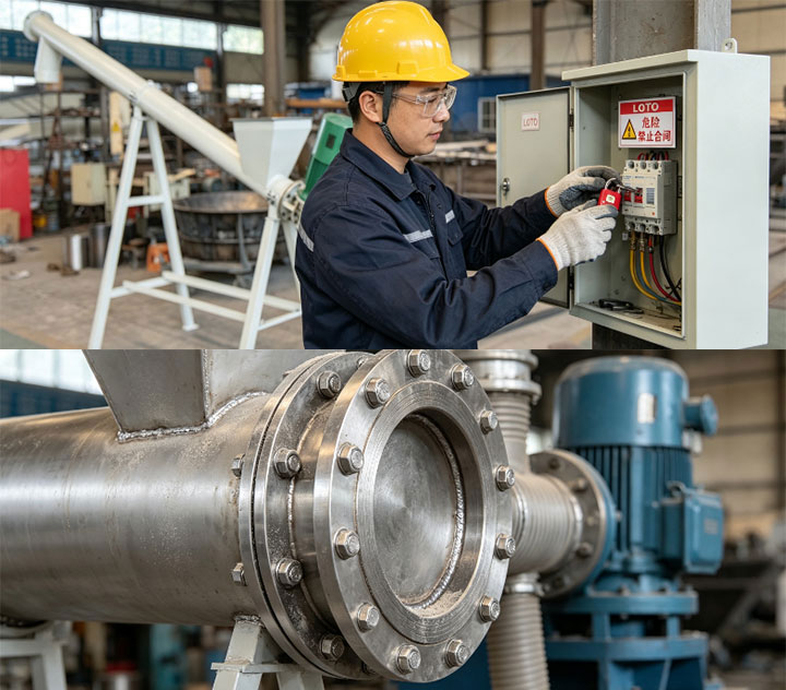 Split image: top shows an industrial worker performing Lockout-Tagout (LOTO) by attaching a red padlock and warning tag to a screw conveyor electrical panel; bottom shows a close-up of a tightly sealed stainless steel flange connection with an explosion-proof motor, highlighting dust explosion prevention and safety protocols.