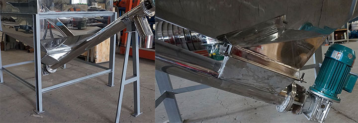 Split image showing a stainless steel screw conveyor (left) and a close-up of its internal auger flights, discharge end, and drive motor (right), highlighting wear parts and 304/316L stainless steel construction for abrasive and corrosive powders.