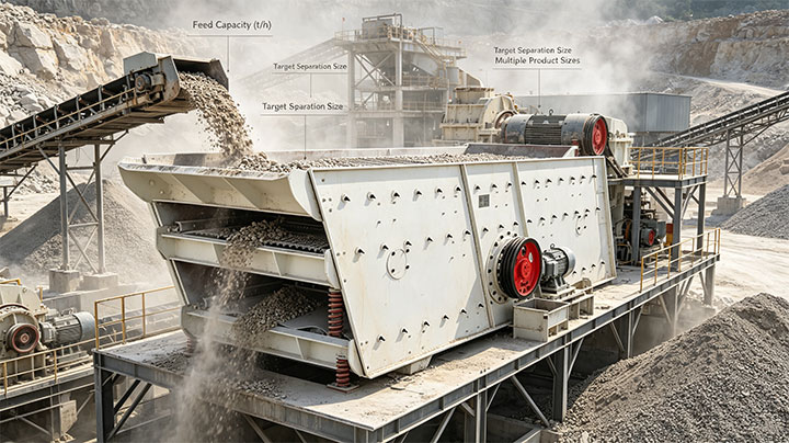 A labeled diagram of a heavy-duty multi-deck mining vibrating screen in a quarry, illustrating key selection parameters including feed capacity in t/h, target separation size, and multiple product sizes.