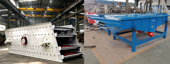 A side-by-side comparison of two mining vibrating screen types in a factory workshop. Left: a heavy-duty multi-deck inclined vibrating screen with a red exciter. Right: a blue linear vibrating screen with a multi-layer screening surface.