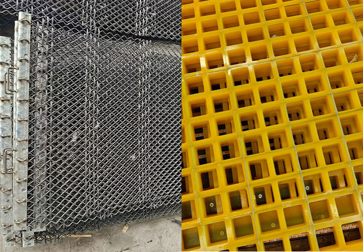 A side-by-side comparison of mining vibrating screen media: left shows a metal woven wire mesh with regular openings, right shows a yellow polyurethane screen panel.