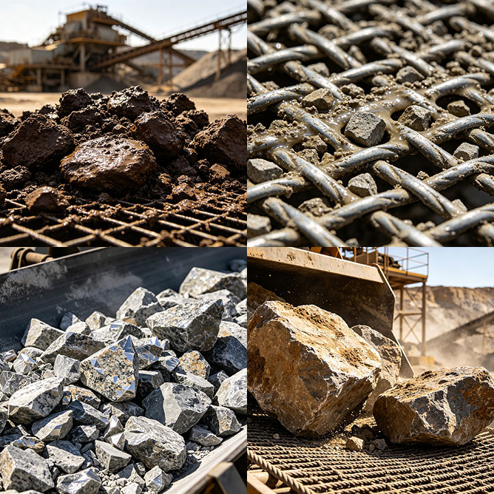 A 2x2 collage illustrating difficult mining screening conditions: wet sticky ore on a screen, a blinded and pegged woven wire mesh, highly abrasive sharp granite rocks, and large oversized feed rocks impacting a screen deck.