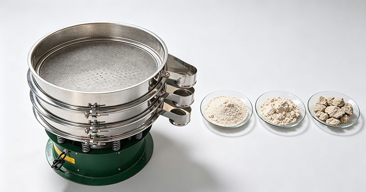 Rotary vibrating sieve with dry powder, sticky lumps, and coarse granules for material comparison.