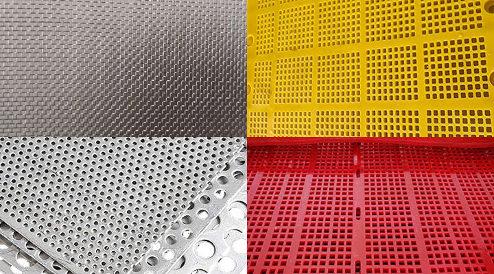 Comparison of vibrating screen media: woven wire, polyurethane, rubber, and perforated metal surfaces.