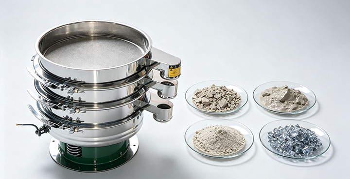 Rotary vibrating sieve with different material samples showing how conditions affect mesh choice.