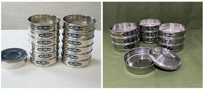 Stainless steel test sieve stack and individual test sieves for particle size range selection.