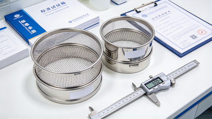 Two stainless steel test sieves with a digital caliper, a standards book, and a calibration certificate, illustrating why mesh number alone can be misleading when selecting a test sieve.