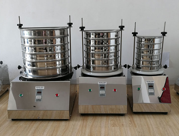 Three sieve shakers equipped with test sieve stacks of different diameters, illustrating how sieve diameter affects sample capacity and compatibility with the sieve shaker.