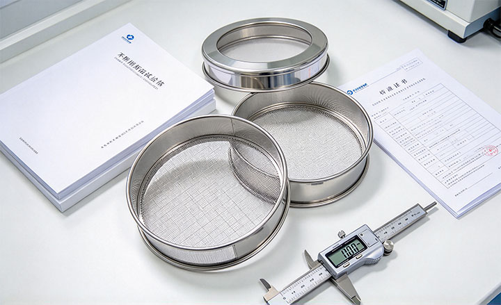 Test sieves, standards book, calibration certificate, and digital caliper for matching a sieve to the test method.